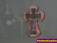 Plump brit nun cocksucking until face spunked