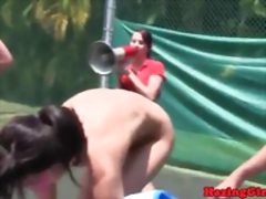 Hazing babes eating pussy on a tennis court